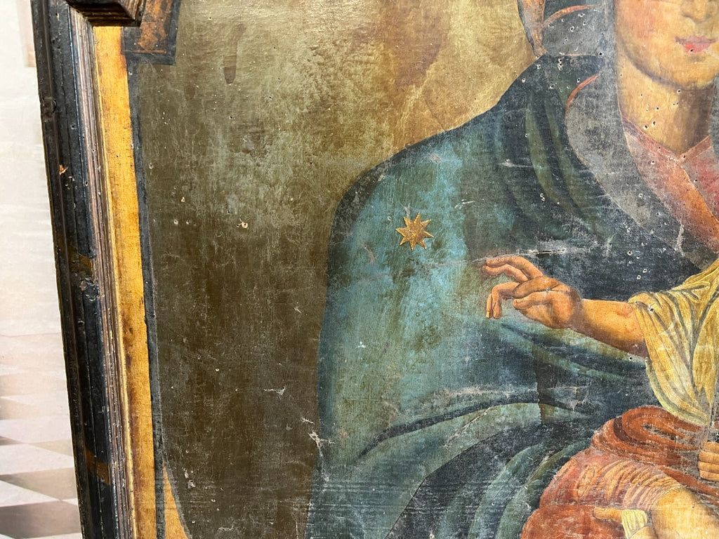 Antikes Ölgemälde Heilige Maria mit dem Jesuskind 17 tes Jh Altartafel 120x140cm