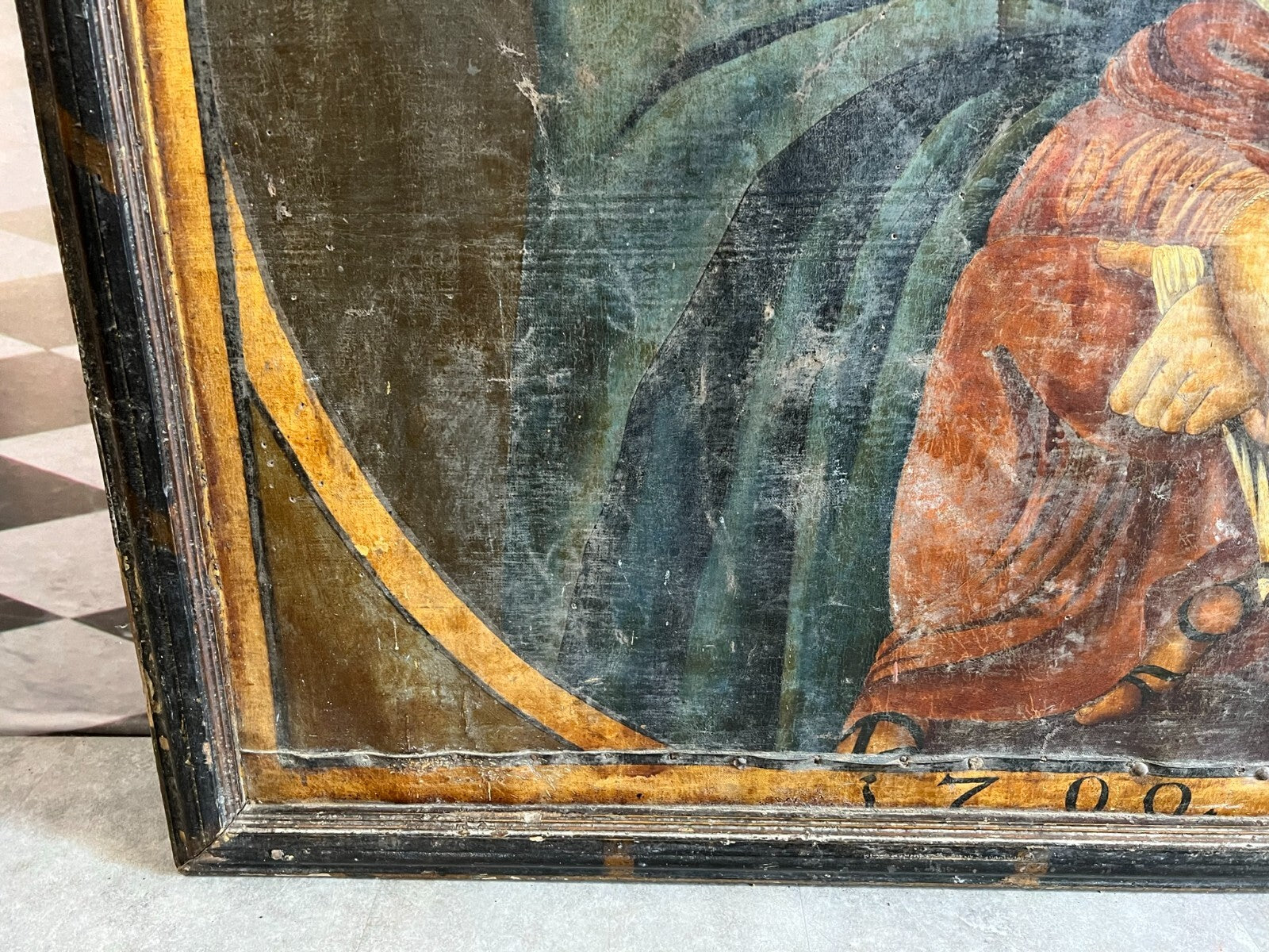 Antikes Ölgemälde Heilige Maria mit dem Jesuskind 17 tes Jh Altartafel 120x140cm