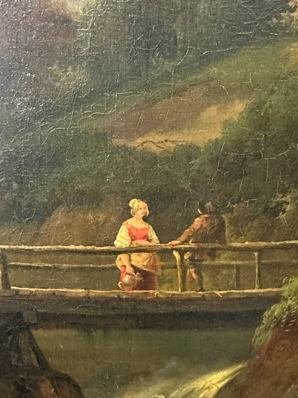 Antikes Ölgemälde Haus am Wasserfall mit Person Landschaft