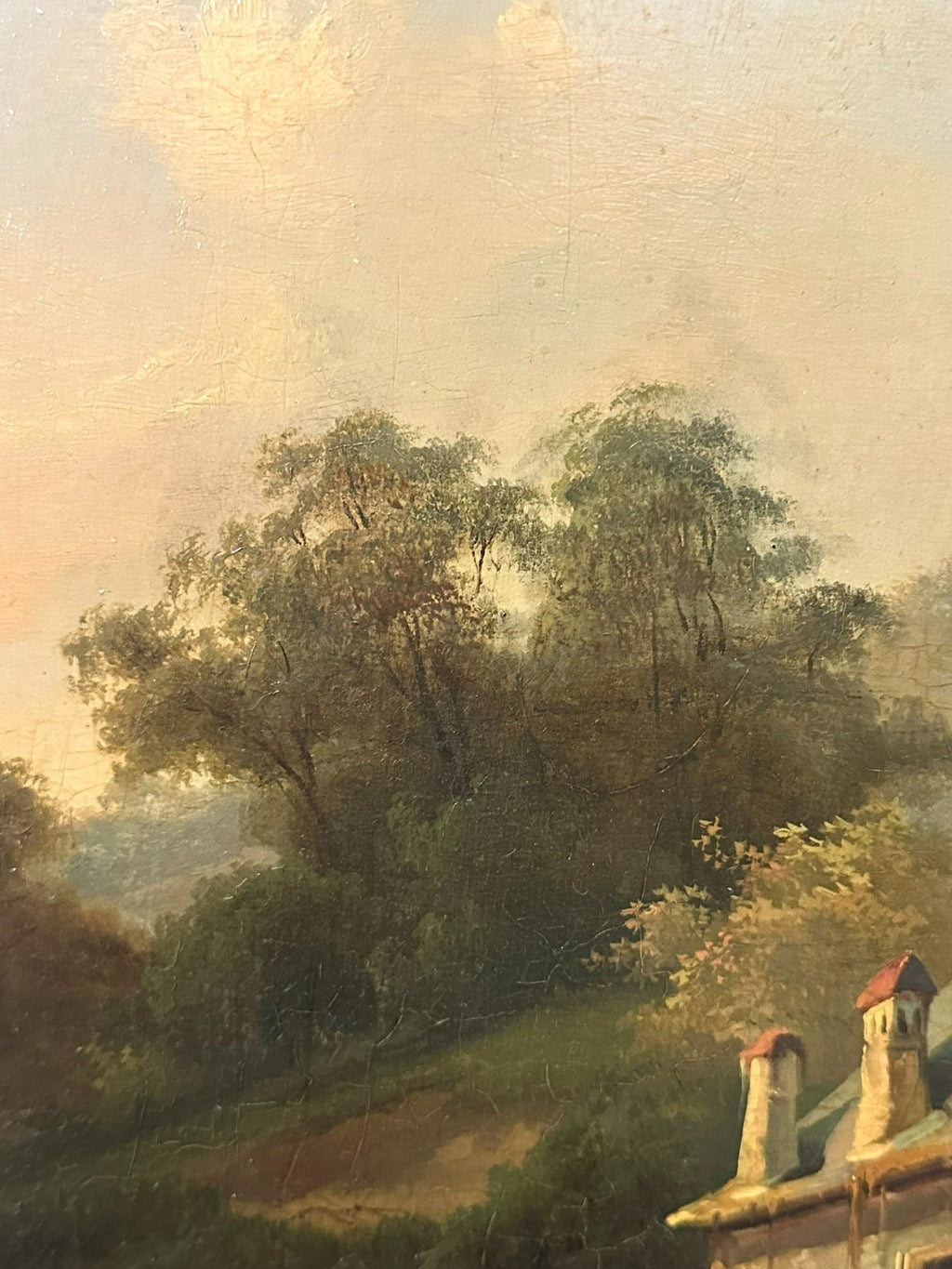 Antikes Ölgemälde Haus am Wasserfall mit Person Landschaft