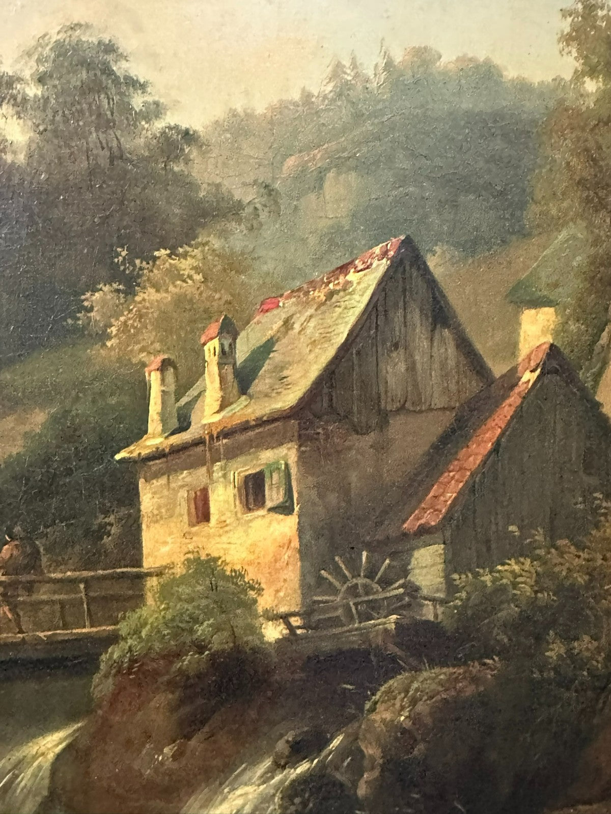 Antikes Ölgemälde Haus am Wasserfall mit Person Landschaft