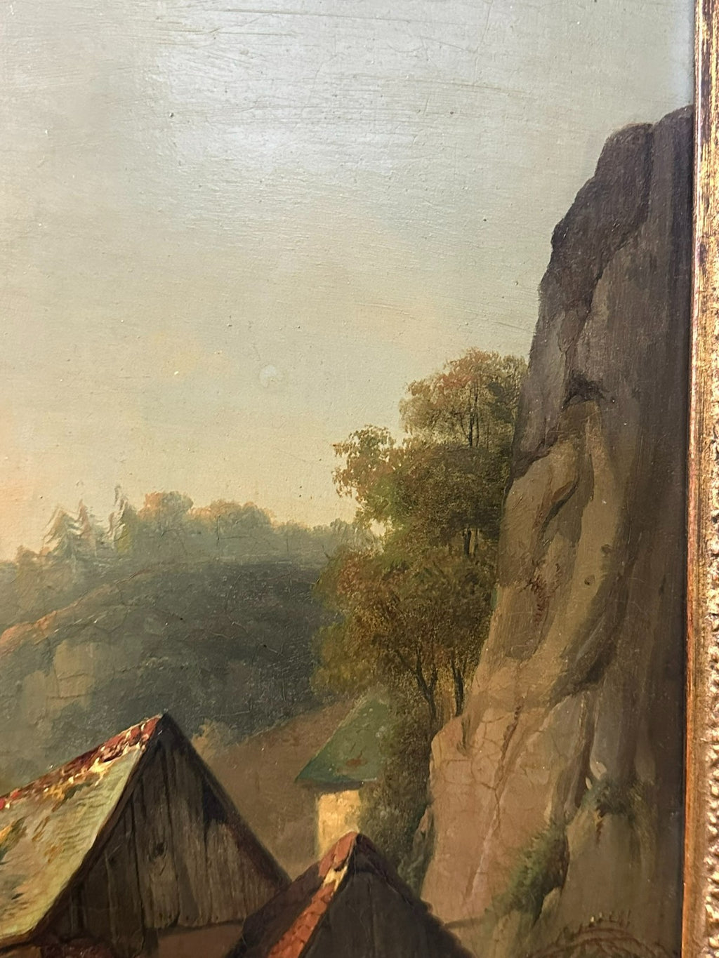 Antikes Ölgemälde Haus am Wasserfall mit Person Landschaft