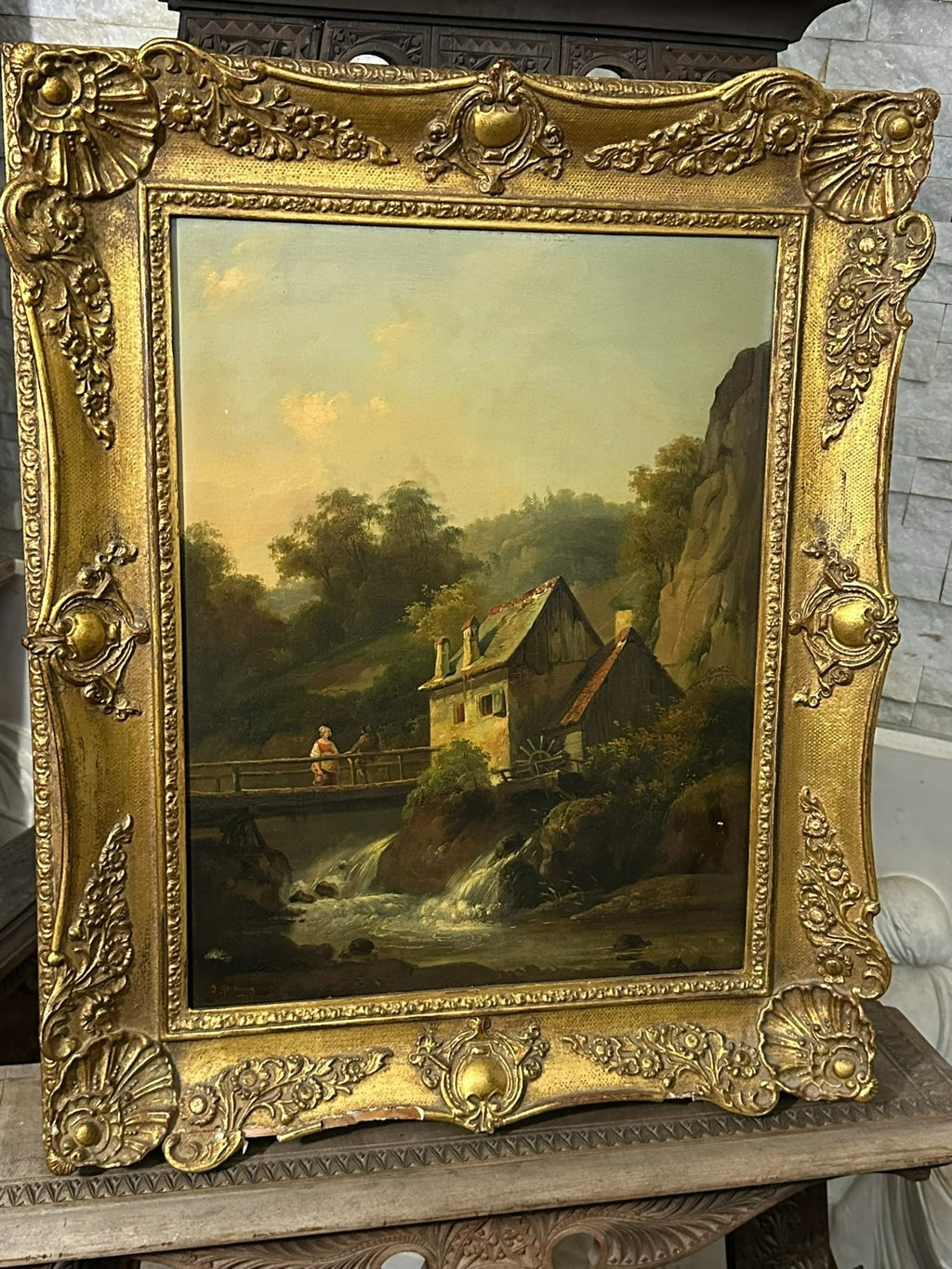 Antikes Ölgemälde Haus am Wasserfall mit Person Landschaft
