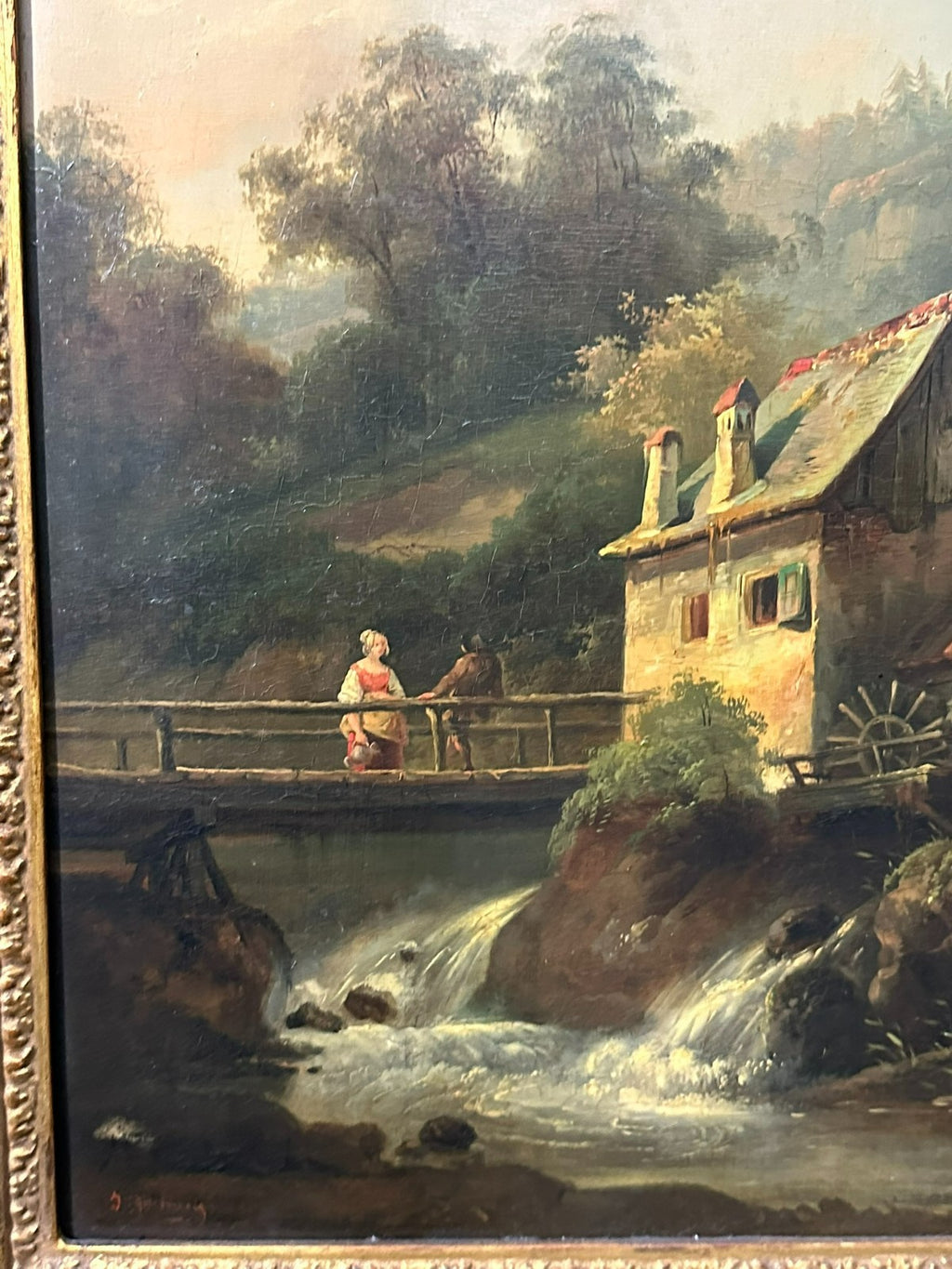Antikes Ölgemälde Haus am Wasserfall mit Person Landschaft
