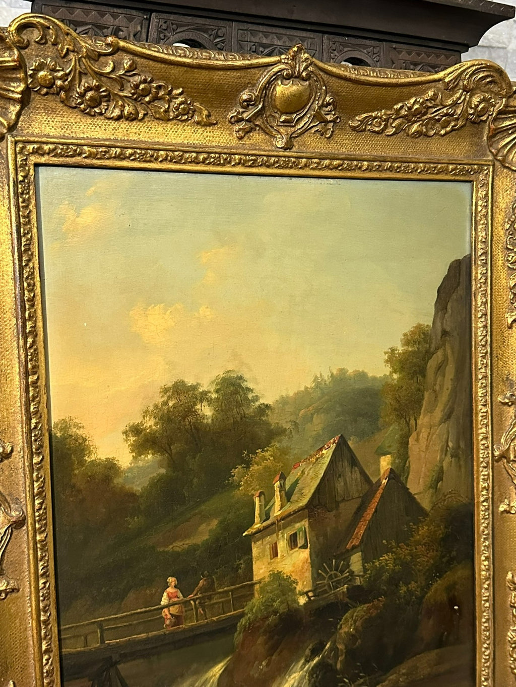 Antikes Ölgemälde Haus am Wasserfall mit Person Landschaft