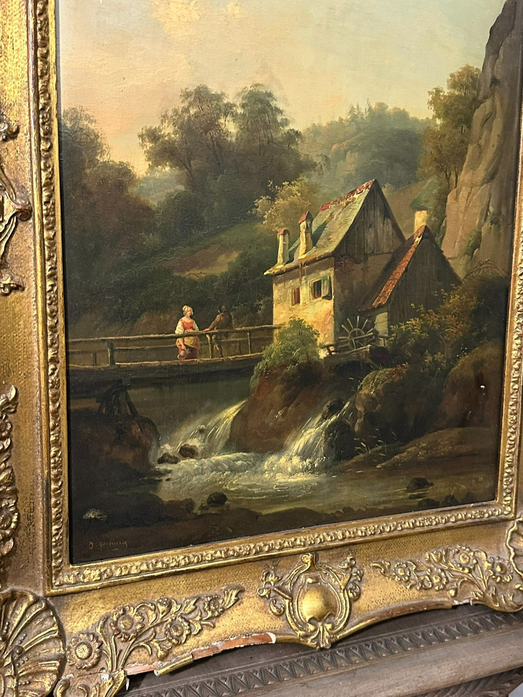 Antikes Ölgemälde Haus am Wasserfall mit Person Landschaft
