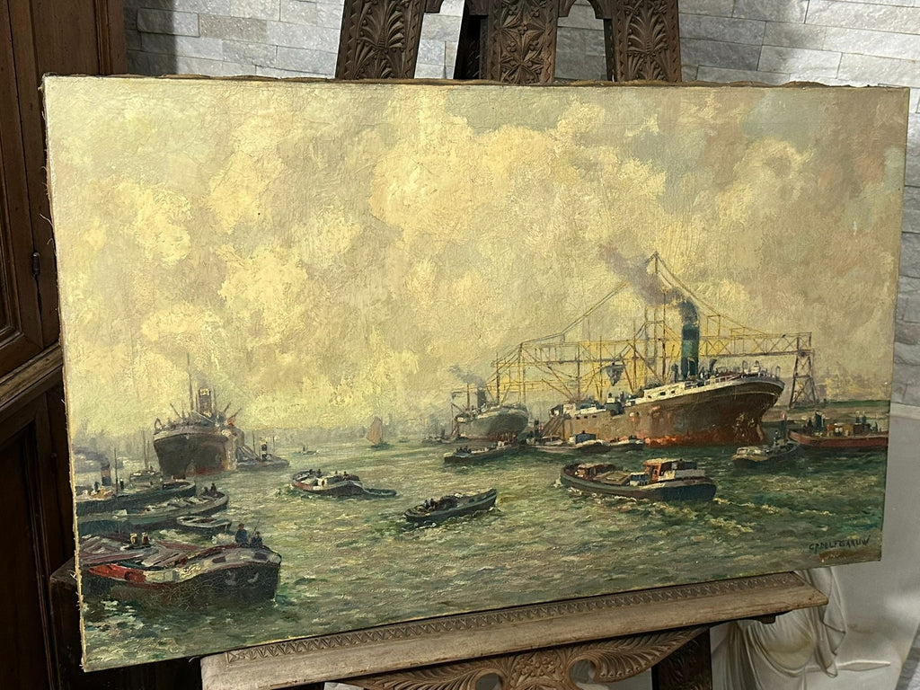 Antikes Ölgemälde Hafen Landschaft Schiffe Gerardus J. Delfgaauw (1882-1947)