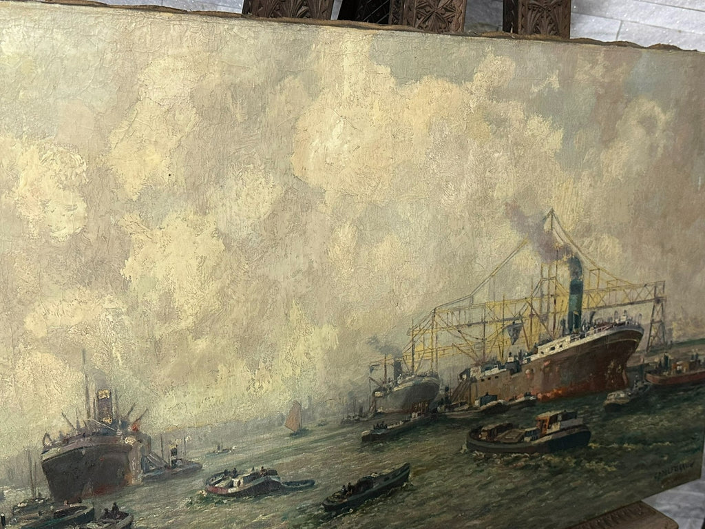 Antikes Ölgemälde Hafen Landschaft Schiffe Gerardus J. Delfgaauw (1882-1947)