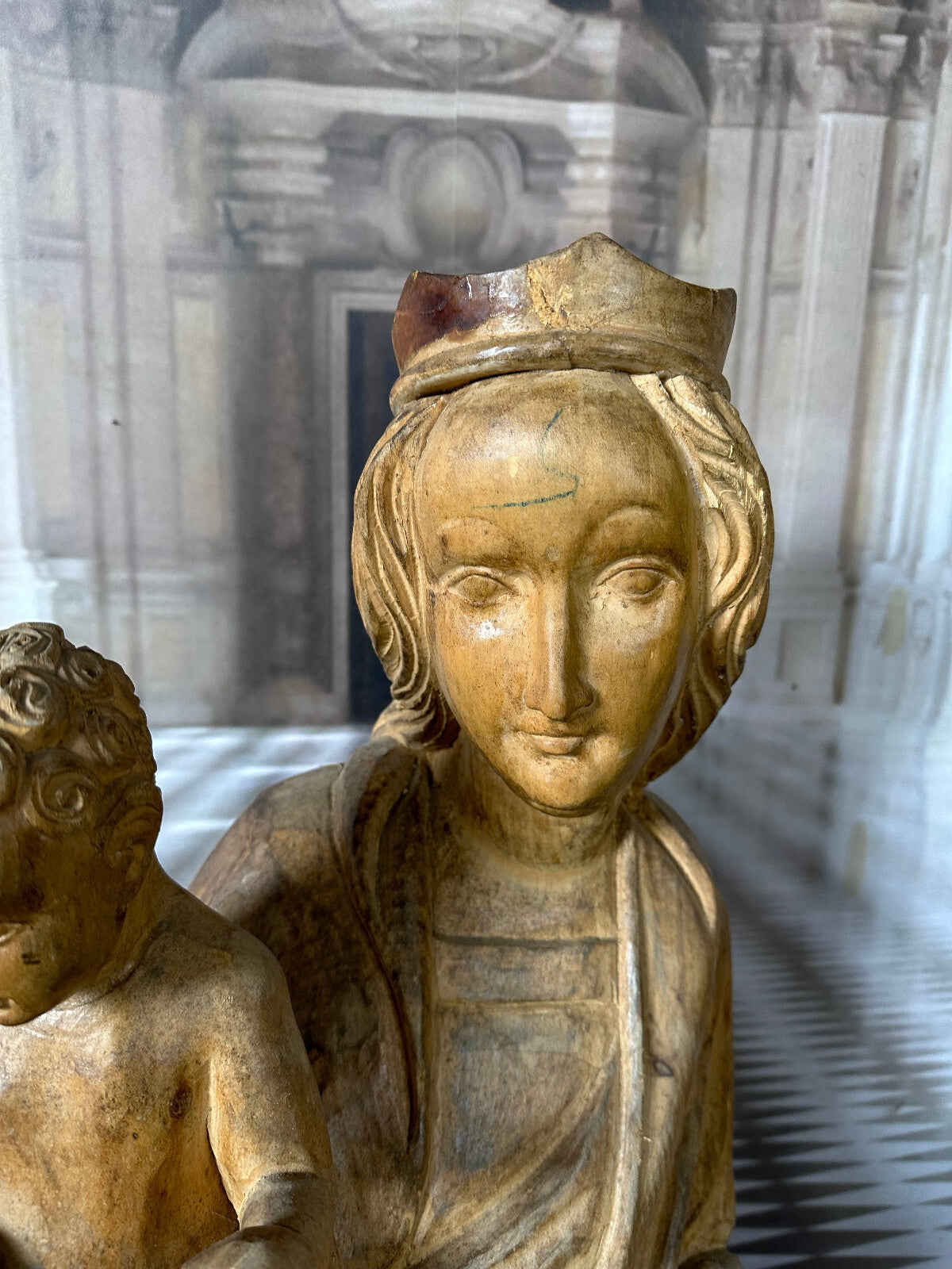 Neo Gotik Madonna mit dem Jesuskind Eiche massiv handgeschnitzt 112cm