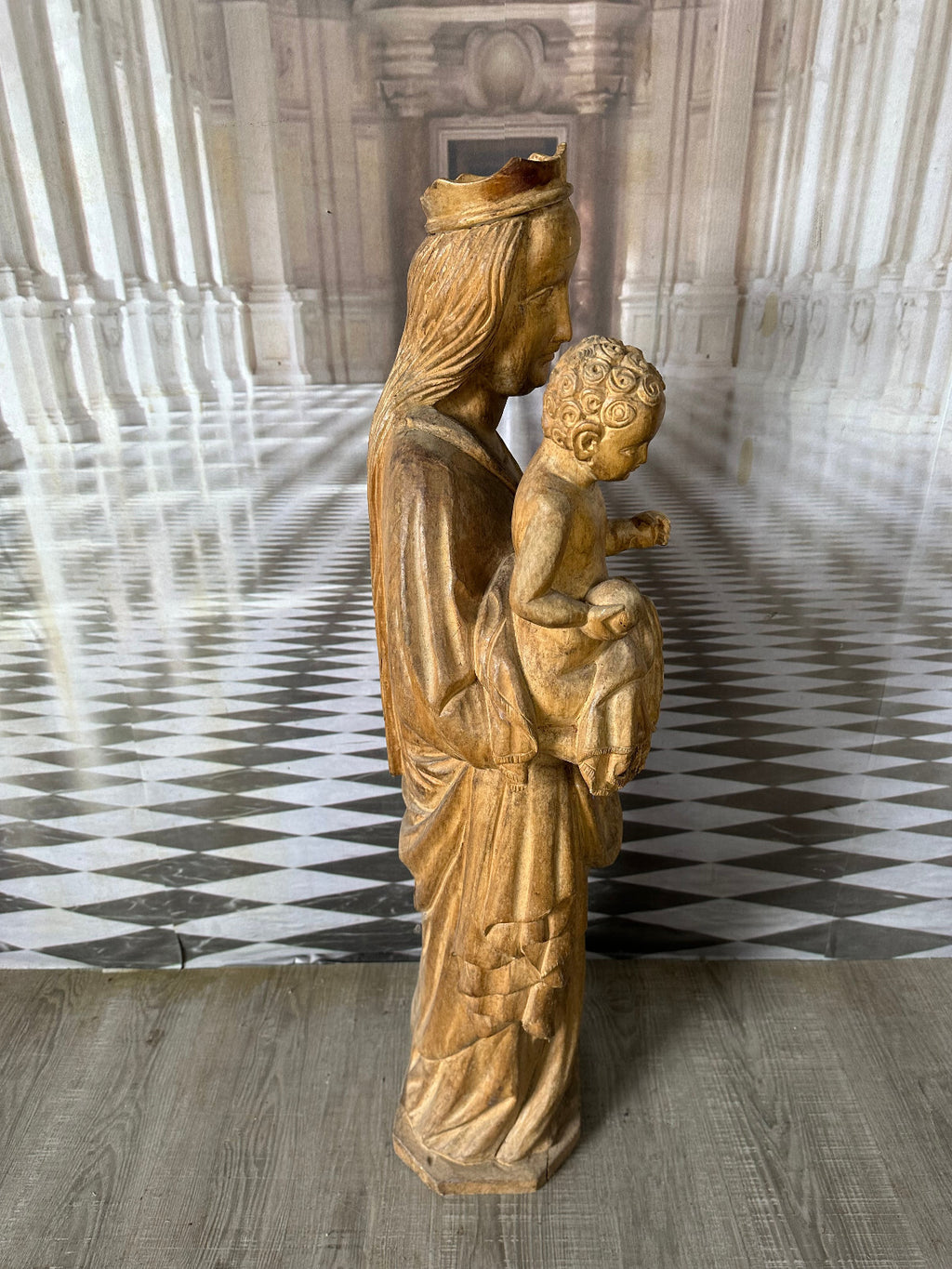Neo Gotik Madonna mit dem Jesuskind Eiche massiv handgeschnitzt 112cm