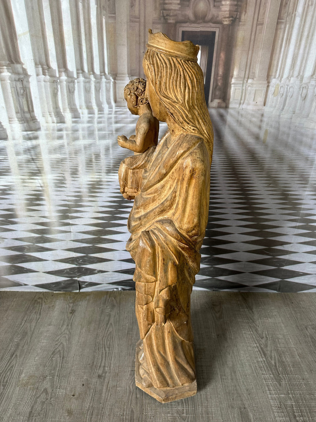 Neo Gotik Madonna mit dem Jesuskind Eiche massiv handgeschnitzt 112cm