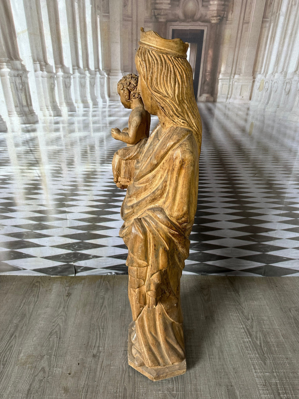 Neo Gotik Madonna mit dem Jesuskind Eiche massiv handgeschnitzt 112cm