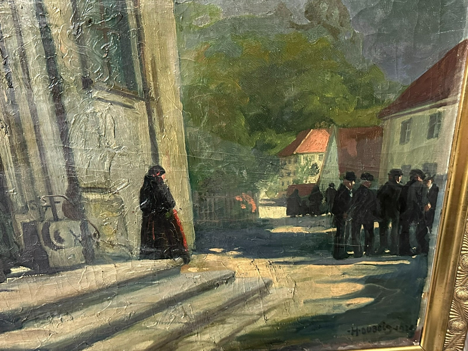 Antikes Ölgemälde von 1926 Personen auf der Strasse signiert H. Dubois
