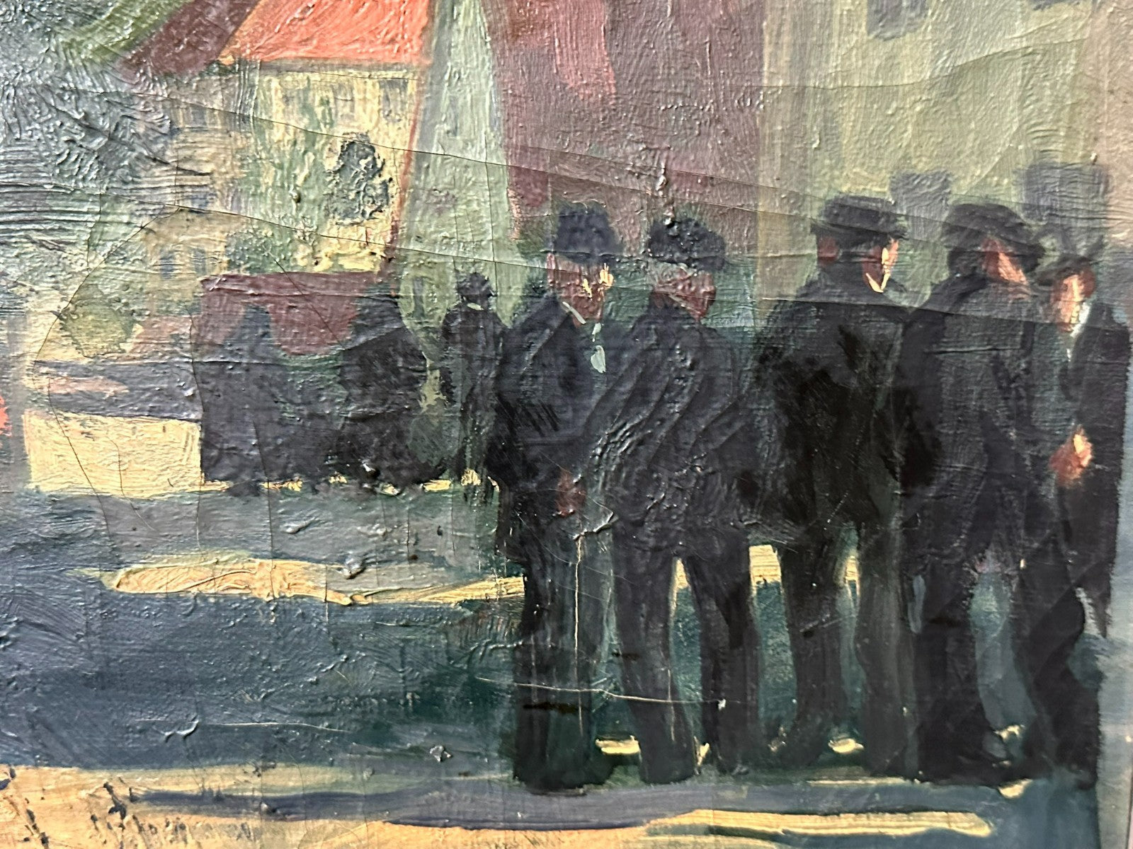 Antikes Ölgemälde von 1926 Personen auf der Strasse signiert H. Dubois