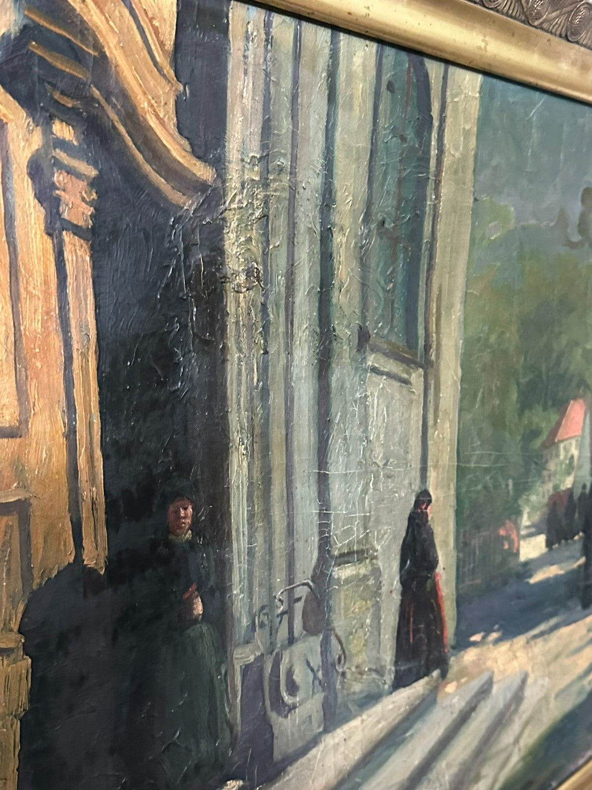 Antikes Ölgemälde von 1926 Personen auf der Strasse signiert H. Dubois