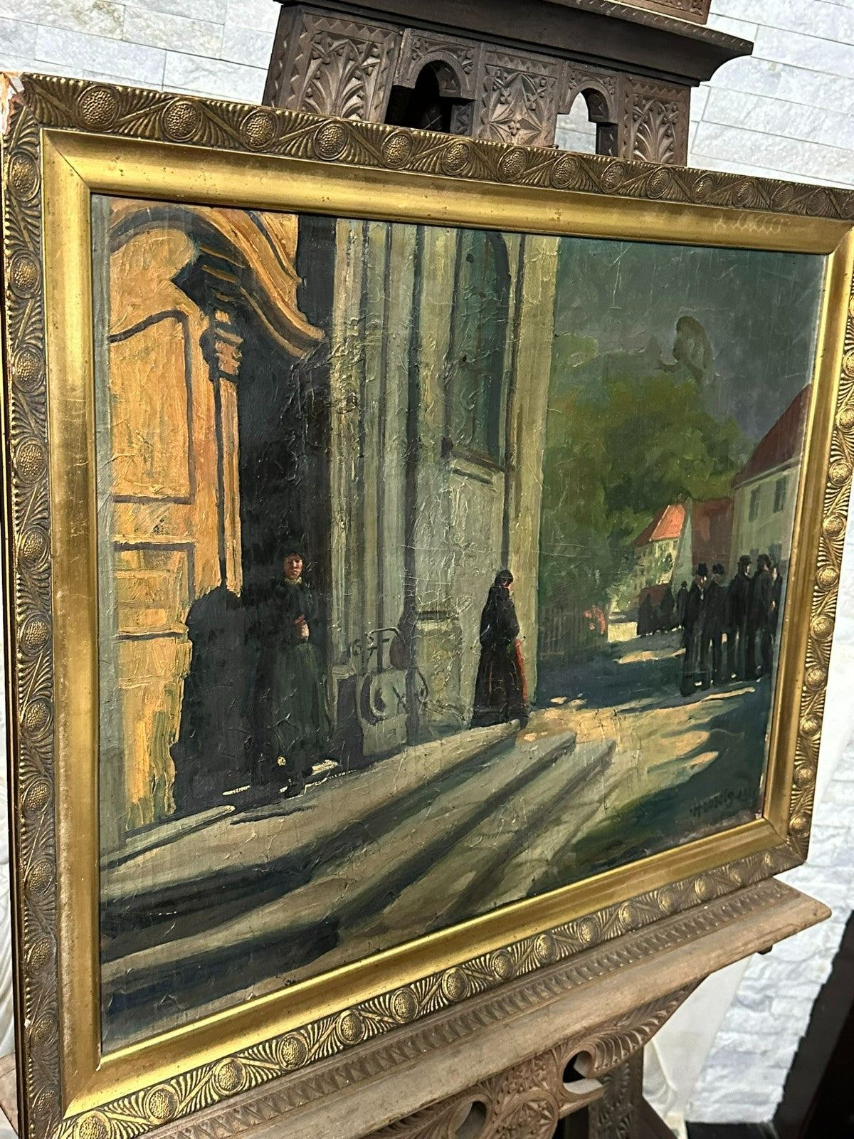 Antikes Ölgemälde von 1926 Personen auf der Strasse signiert H. Dubois