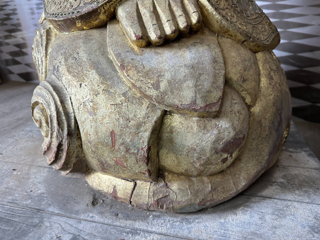 China sehr grosser antiker Buddha 256cm Holz um 1920/40 Vergoldung Glasschmuck