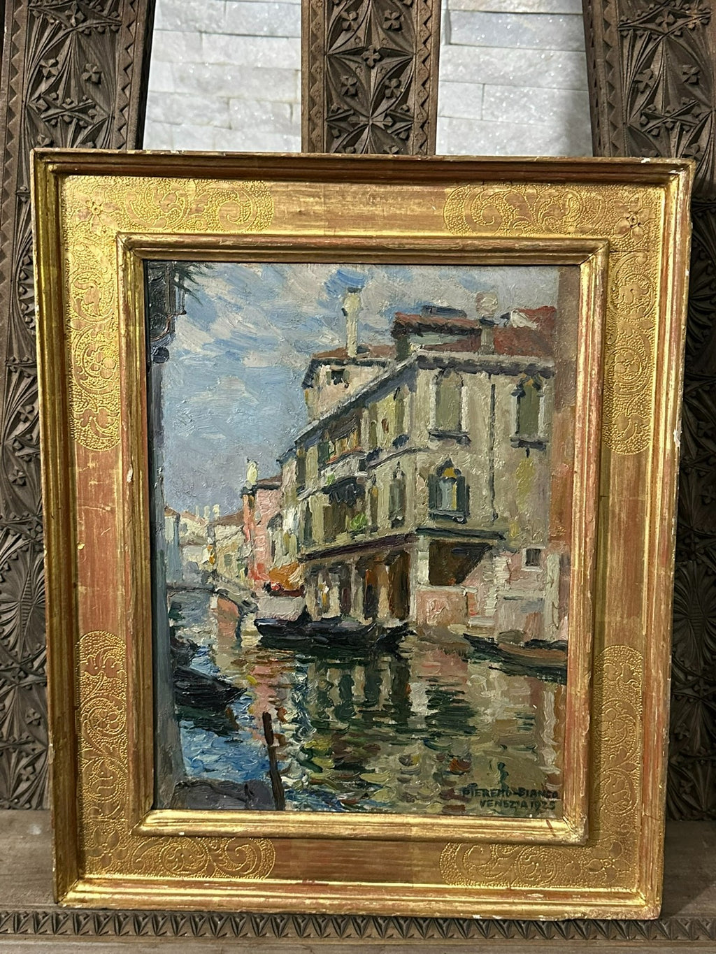 Antikes Ölgemälde Venedig Venezia Gemälde von 1925 Pieretto Bianco (1875-1937)