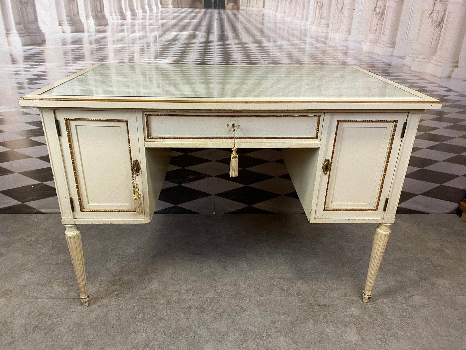 LOUIS SEIZE SCHREIBTISCH HOLZ MIT GLASPLATTE STILMÖBEL 20 TES JHDT