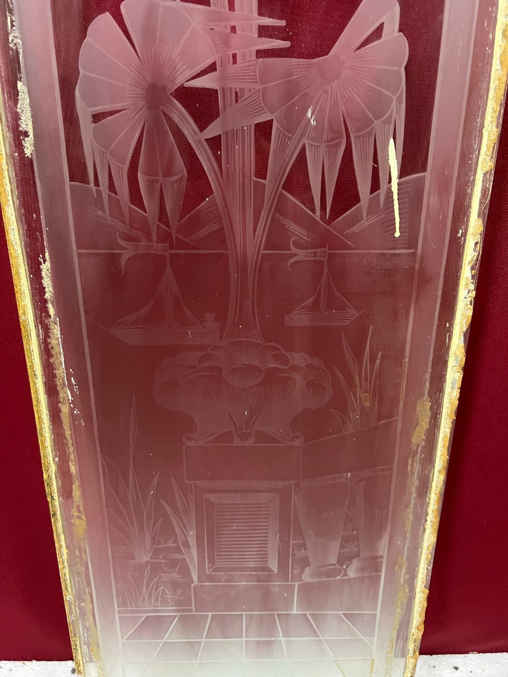 Antike Glasscheibe Glas Fenster Art Deco original um 1920 See Boote Blumen