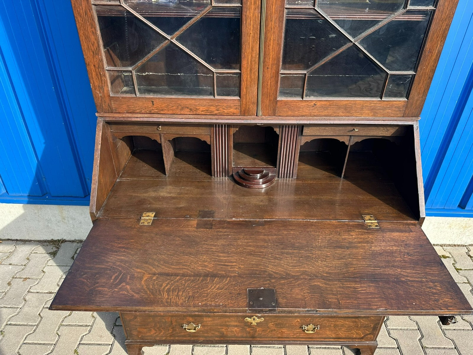 Antiker Englischer Sekretär um 1820/1840 aus Eiche mit Vitrine Aufsatzsekretär