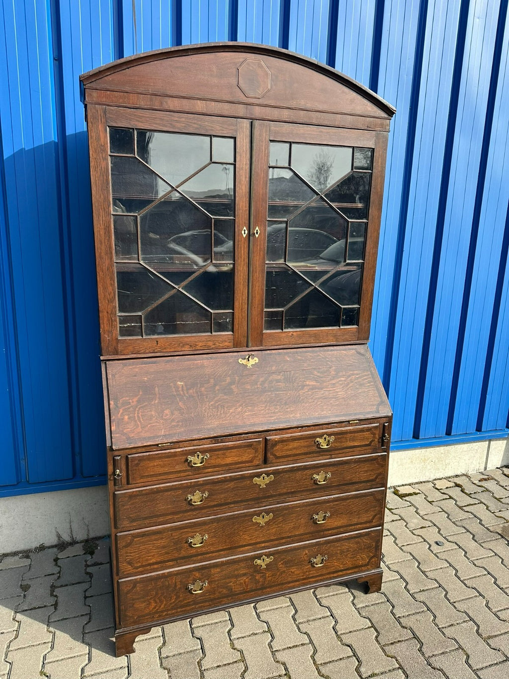 Antiker Englischer Sekretär um 1820/1840 aus Eiche mit Vitrine Aufsatzsekretär