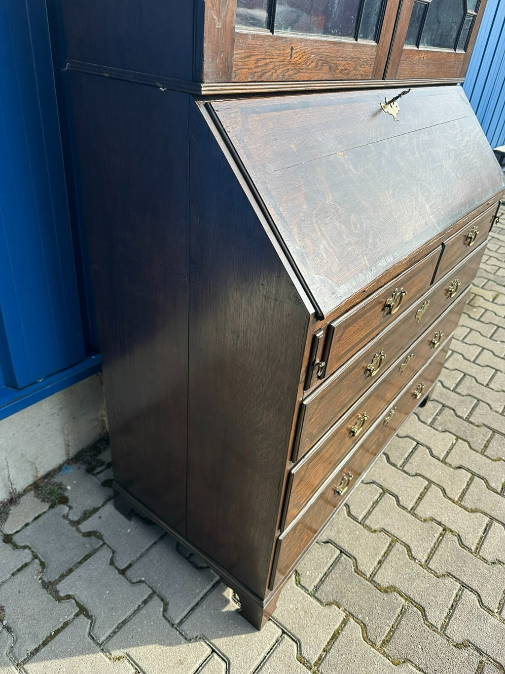 Antiker Englischer Sekretär um 1820/1840 aus Eiche mit Vitrine Aufsatzsekretär