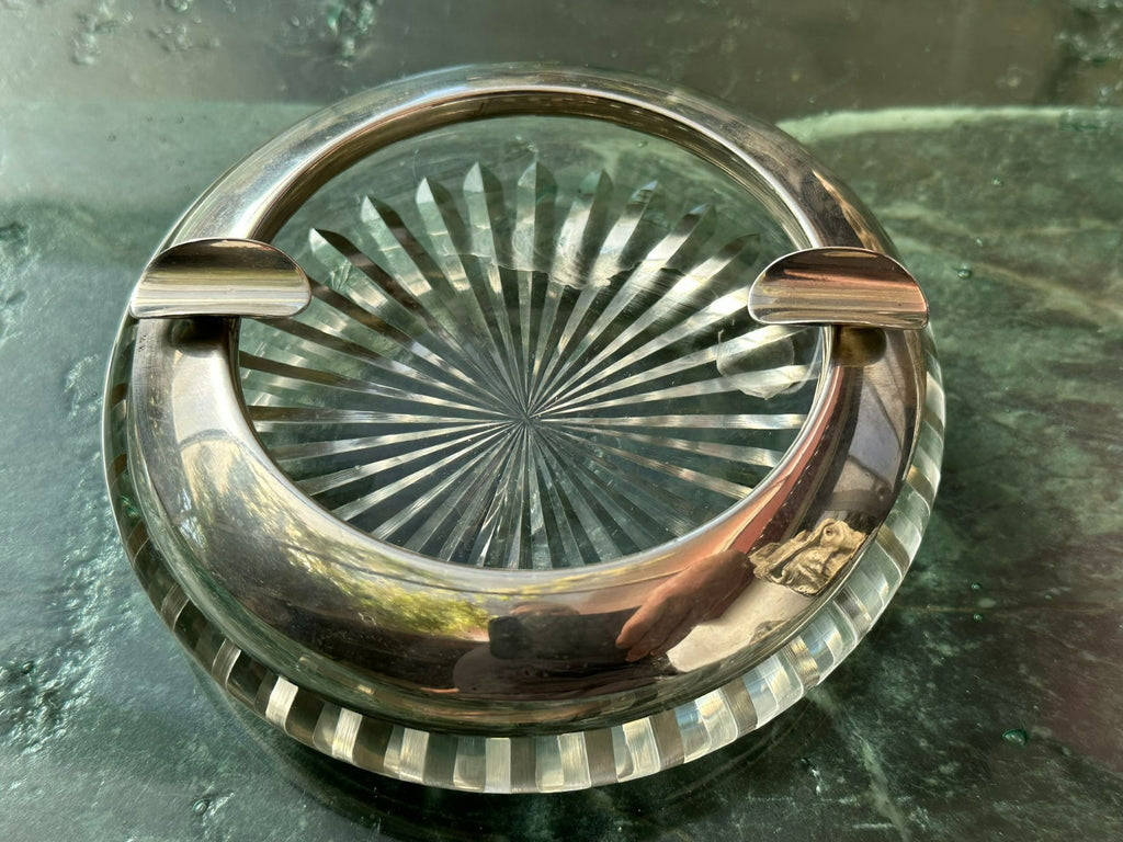 Wilhelm Binder Vintage Aschenbecher aus Kristallglas mit Montur Silber 800