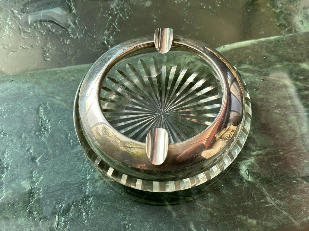 Wilhelm Binder Vintage Aschenbecher aus Kristallglas mit Montur Silber 800