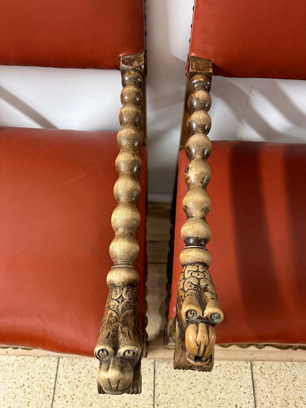 Paar Neo Renaissance Prunksessel Sessel Eiche und Leder Gründerzeit Stil 20 tes