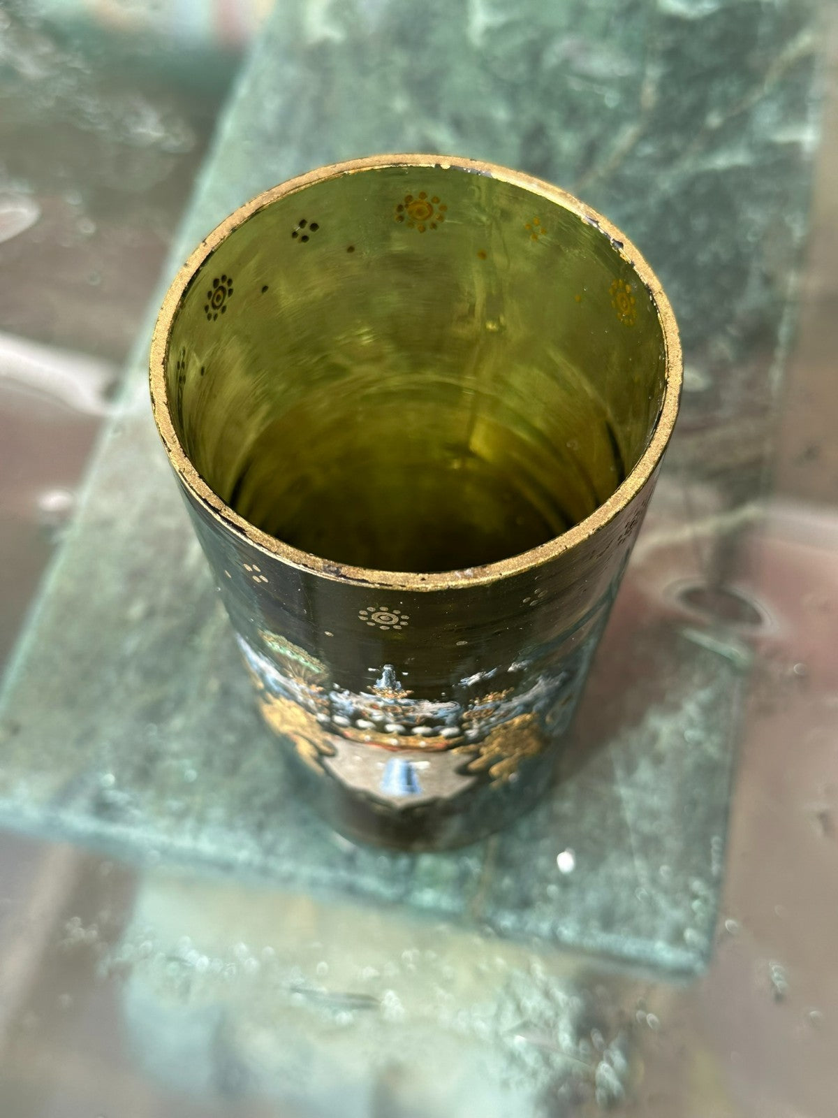 Antikes Historismus Glas um 1880 handbemalt Mundgeblasen Wappen Löwen