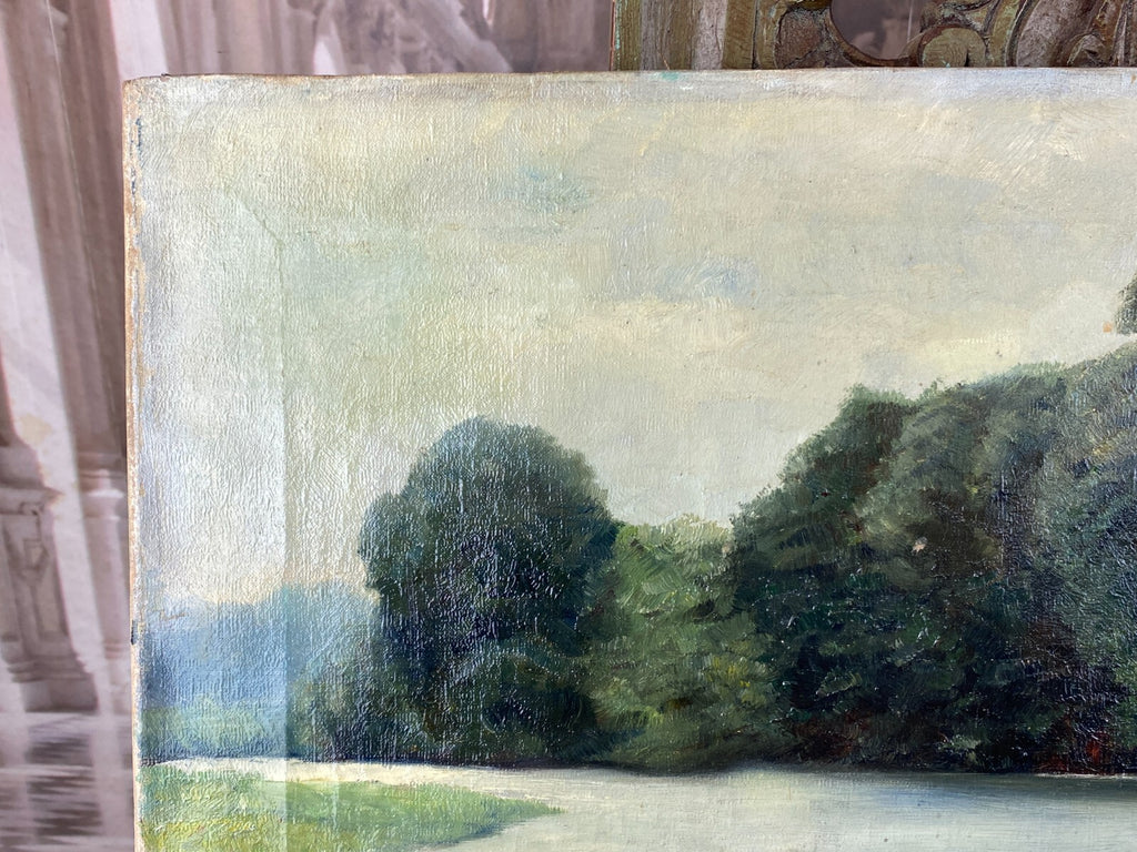 Ölgemälde Landschaft Fluss vor Bäumen Gemälde signiert Finne 1919
