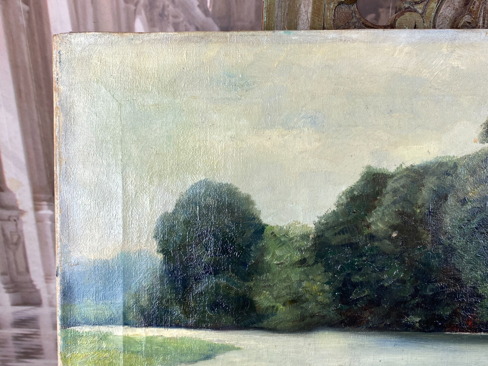 Ölgemälde Landschaft Fluss vor Bäumen Gemälde signiert Finne 1919