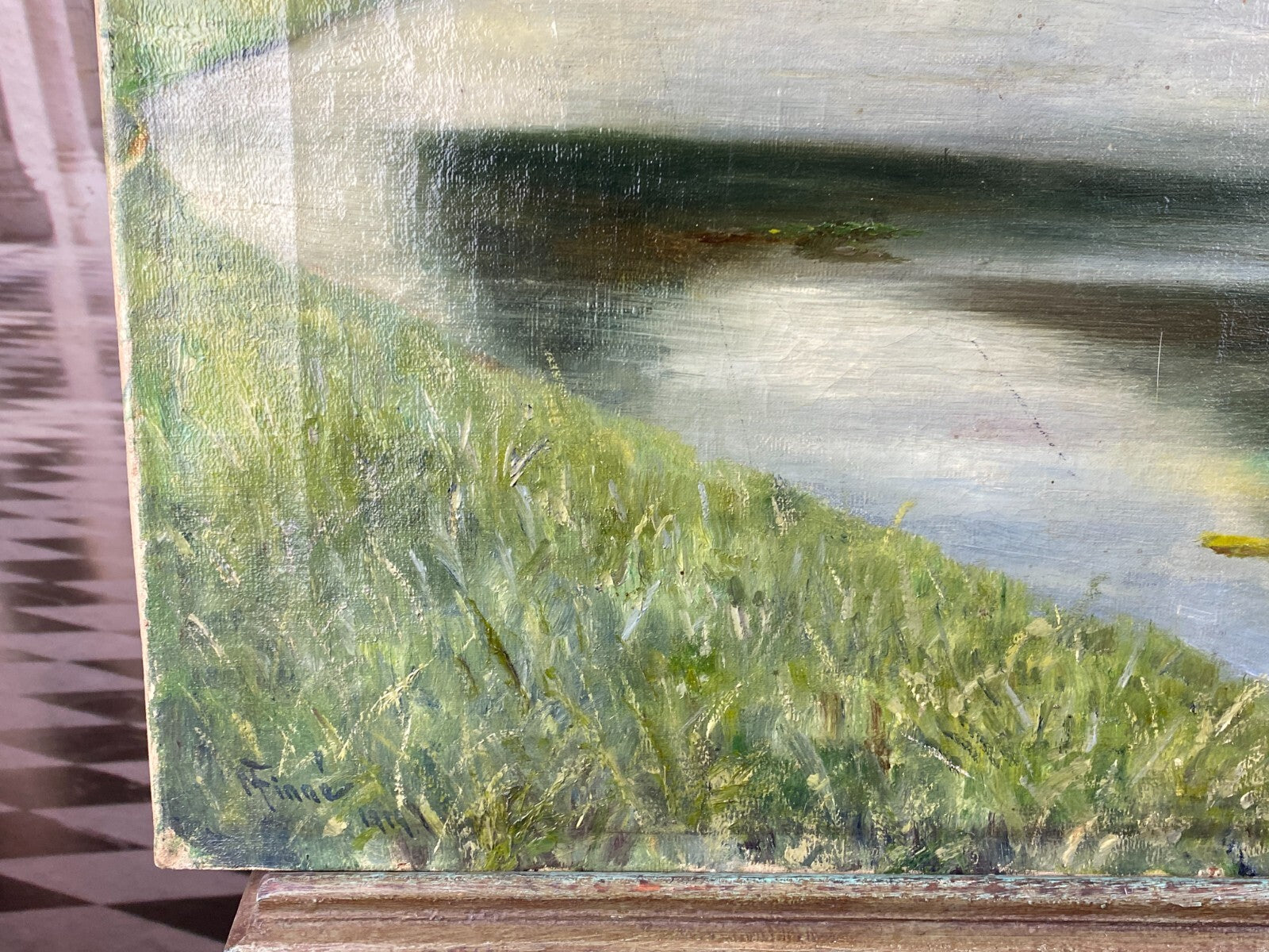 Ölgemälde Landschaft Fluss vor Bäumen Gemälde signiert Finne 1919