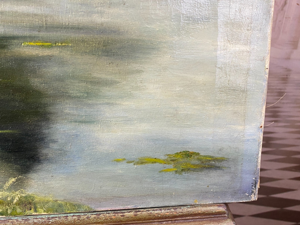 Ölgemälde Landschaft Fluss vor Bäumen Gemälde signiert Finne 1919