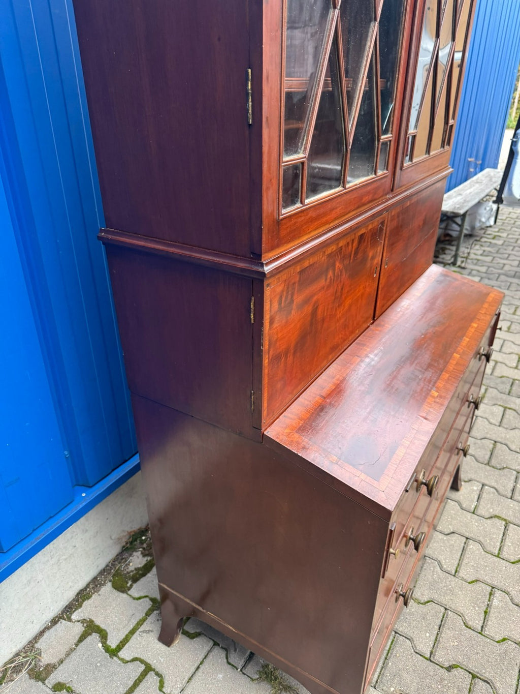Antike Aufsatz Vitrine mit Sekretär Mahagoni England 19 tes Jhdt