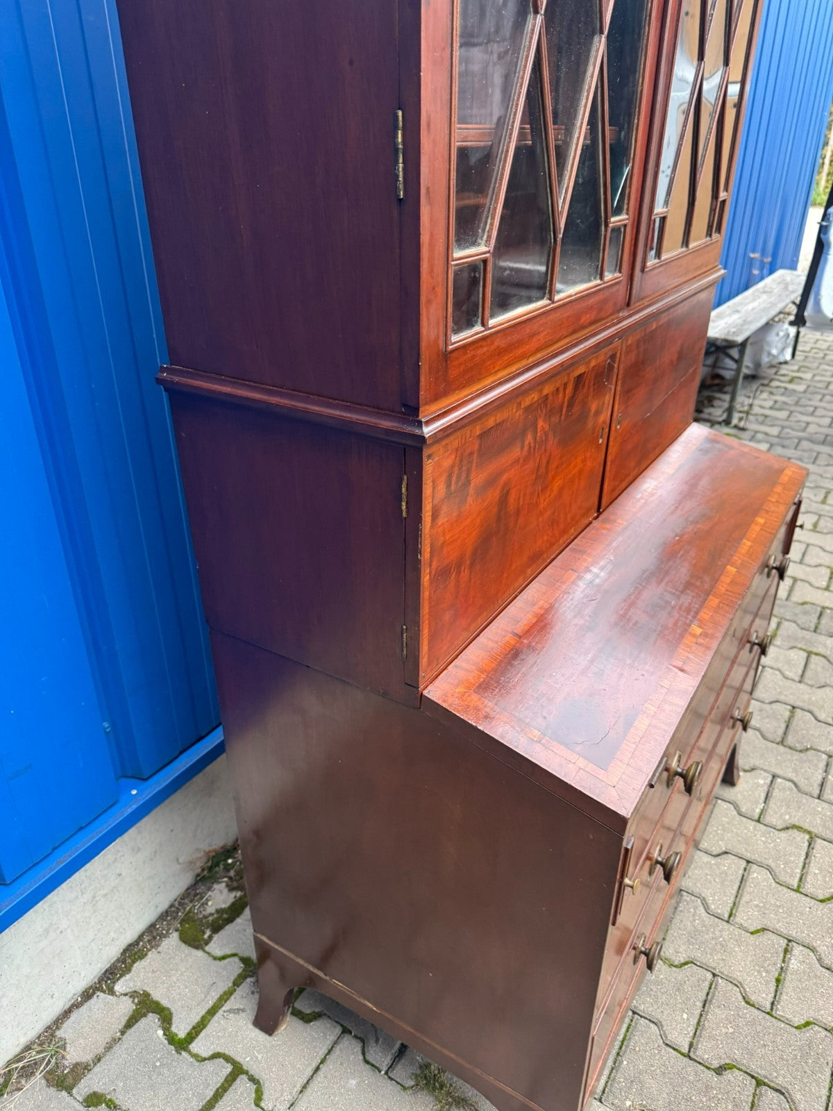 Antike Aufsatz Vitrine mit Sekretär Mahagoni England 19 tes Jhdt