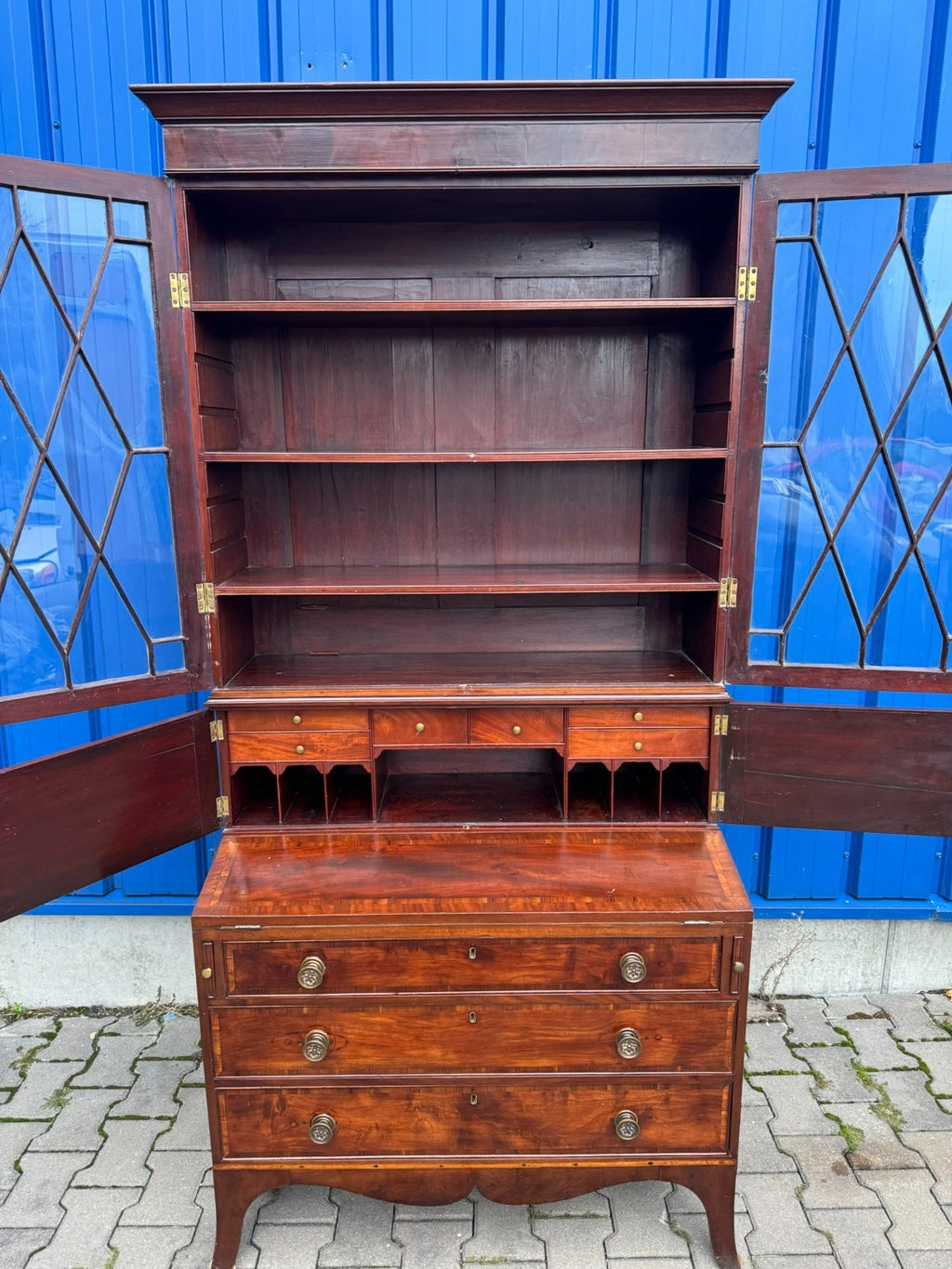 Antike Aufsatz Vitrine mit Sekretär Mahagoni England 19 tes Jhdt