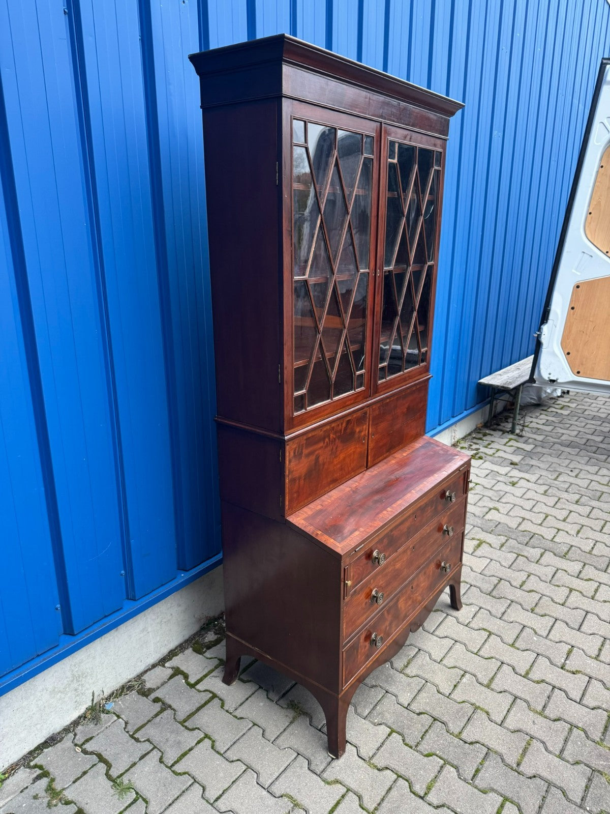 Antike Aufsatz Vitrine mit Sekretär Mahagoni England 19 tes Jhdt
