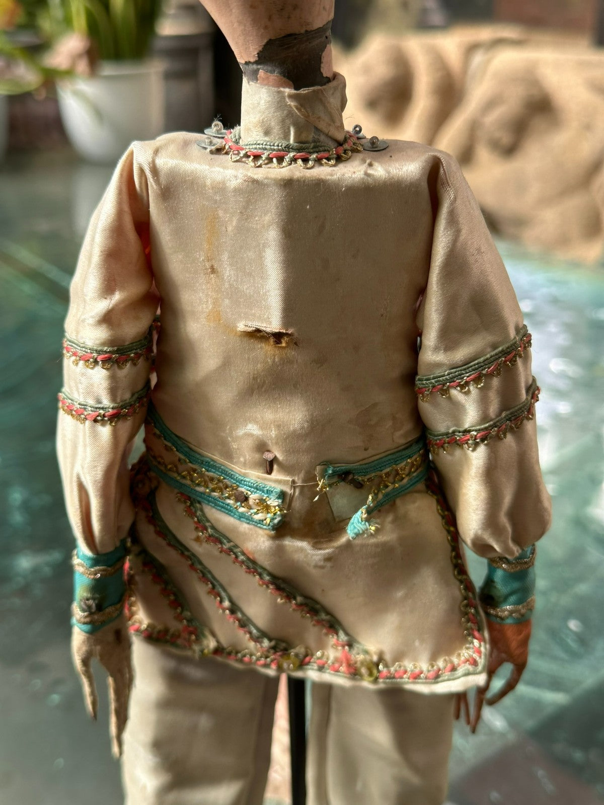 Antike China Puppe Marionette um 1900 handgefertigt Seide Kleidung