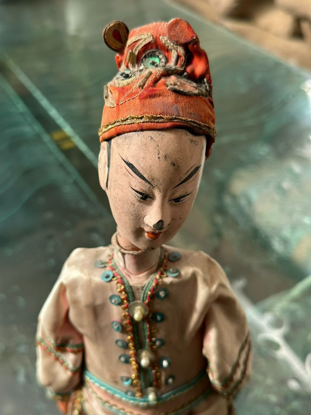 Antike China Puppe Marionette um 1900 handgefertigt Seide Kleidung