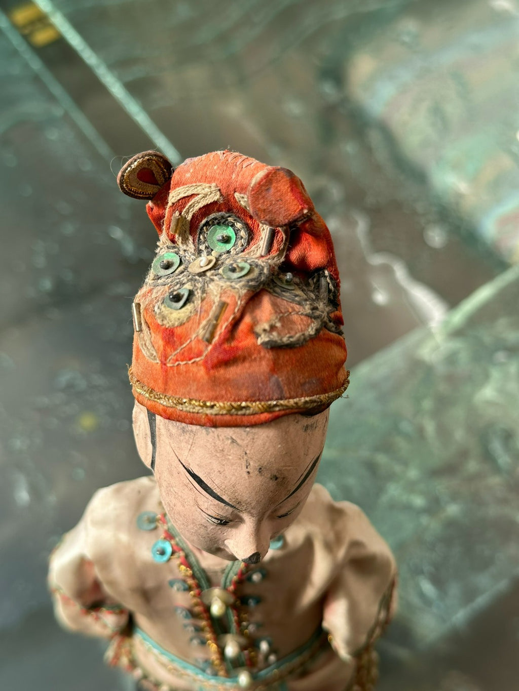 Antike China Puppe Marionette um 1900 handgefertigt Seide Kleidung