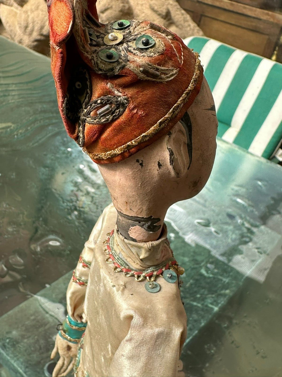 Antike China Puppe Marionette um 1900 handgefertigt Seide Kleidung