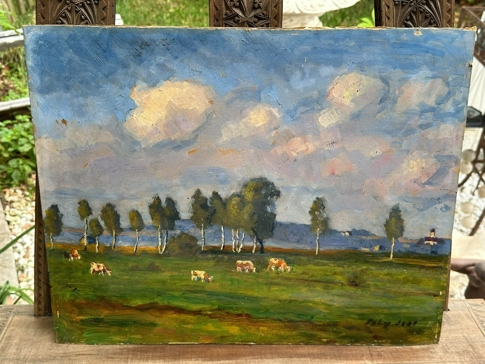 Ölgemälde auf Karton Kühe auf Weide mit Bäumen Landschaft signiert Jost