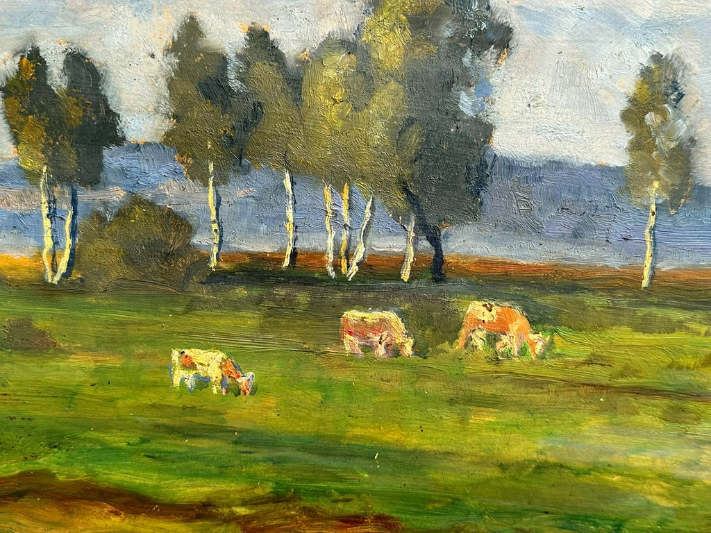 Ölgemälde auf Karton Kühe auf Weide mit Bäumen Landschaft signiert Jost
