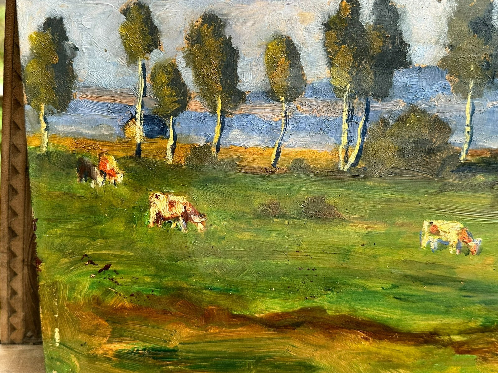 Ölgemälde auf Karton Kühe auf Weide mit Bäumen Landschaft signiert Jost