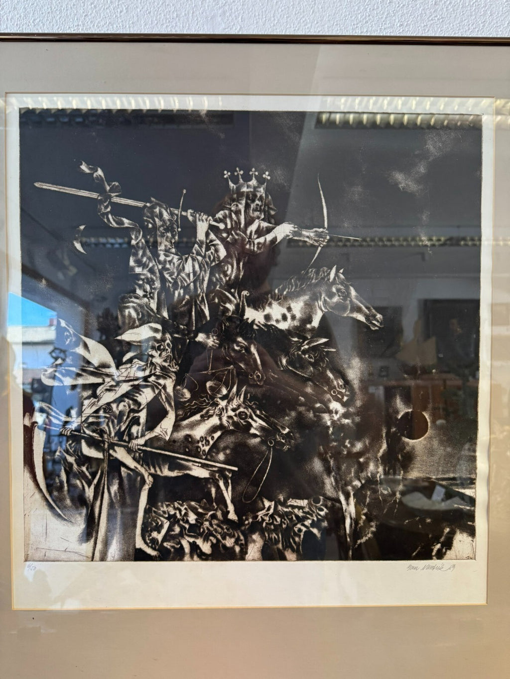 Jan Mentlík (1929) Signierte Lithografie Hinter Glas König auf Pferd
