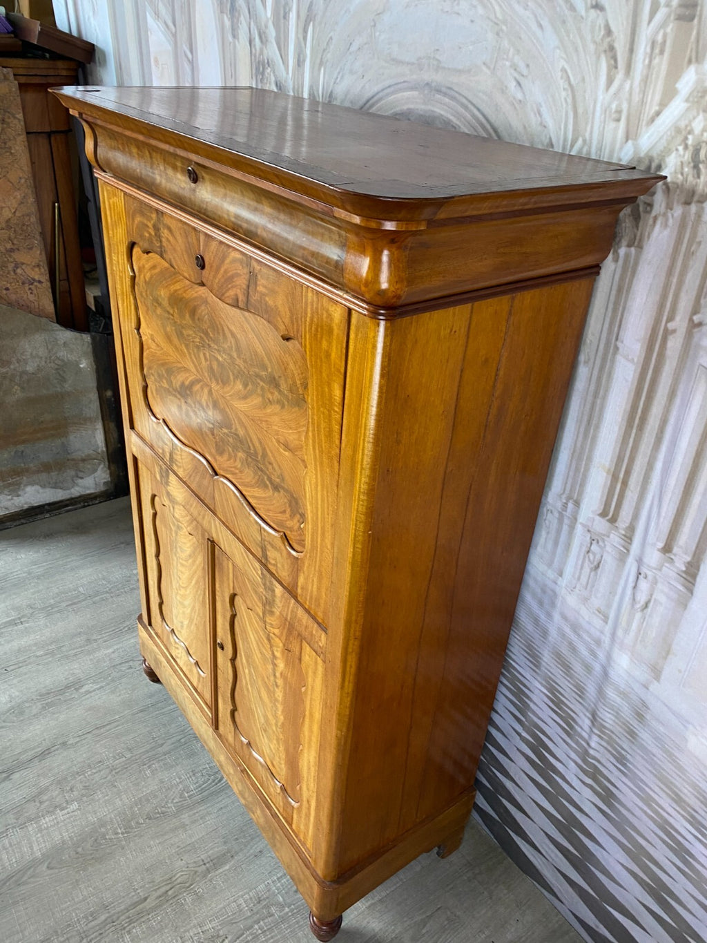 Biedermeier Sekretär um 1860 antik Mahagoni Furnier Innen Birke Schreibmöbel