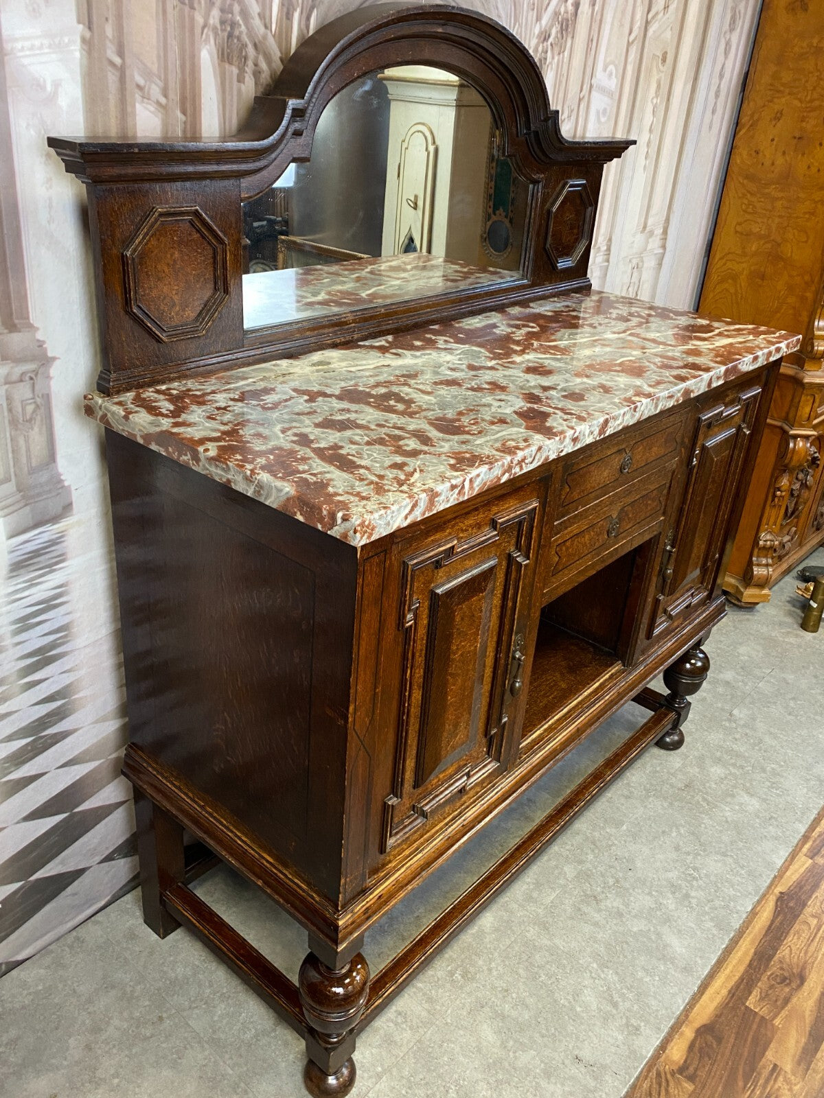 Antike Anrichte Buffet Saint Remy Marmorplatte und Spiegel um 1880 Frankreich