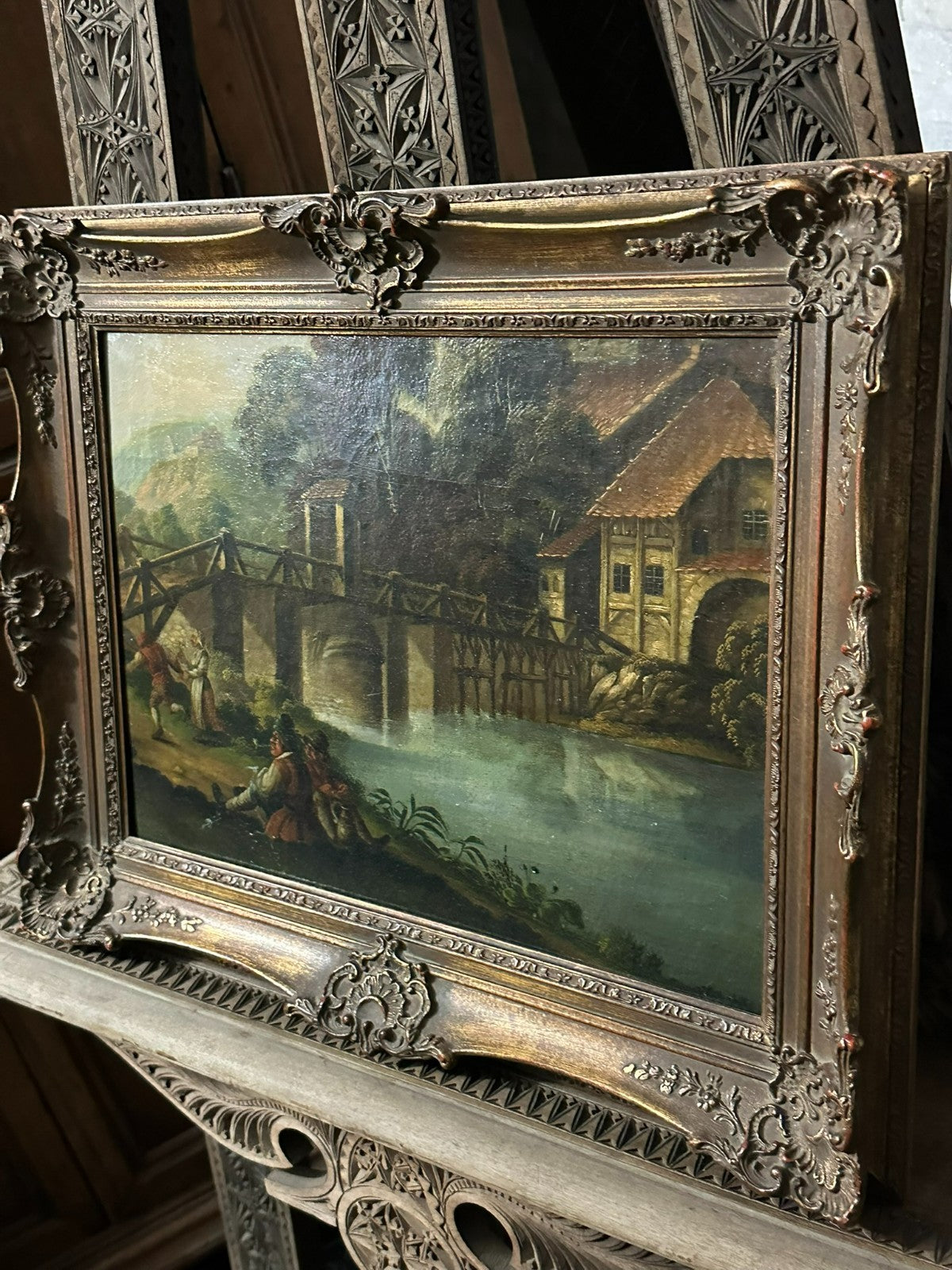 Barock Altmeister Ölgemälde Rast an der Brücke Personen 18/19 tes Jhdt
